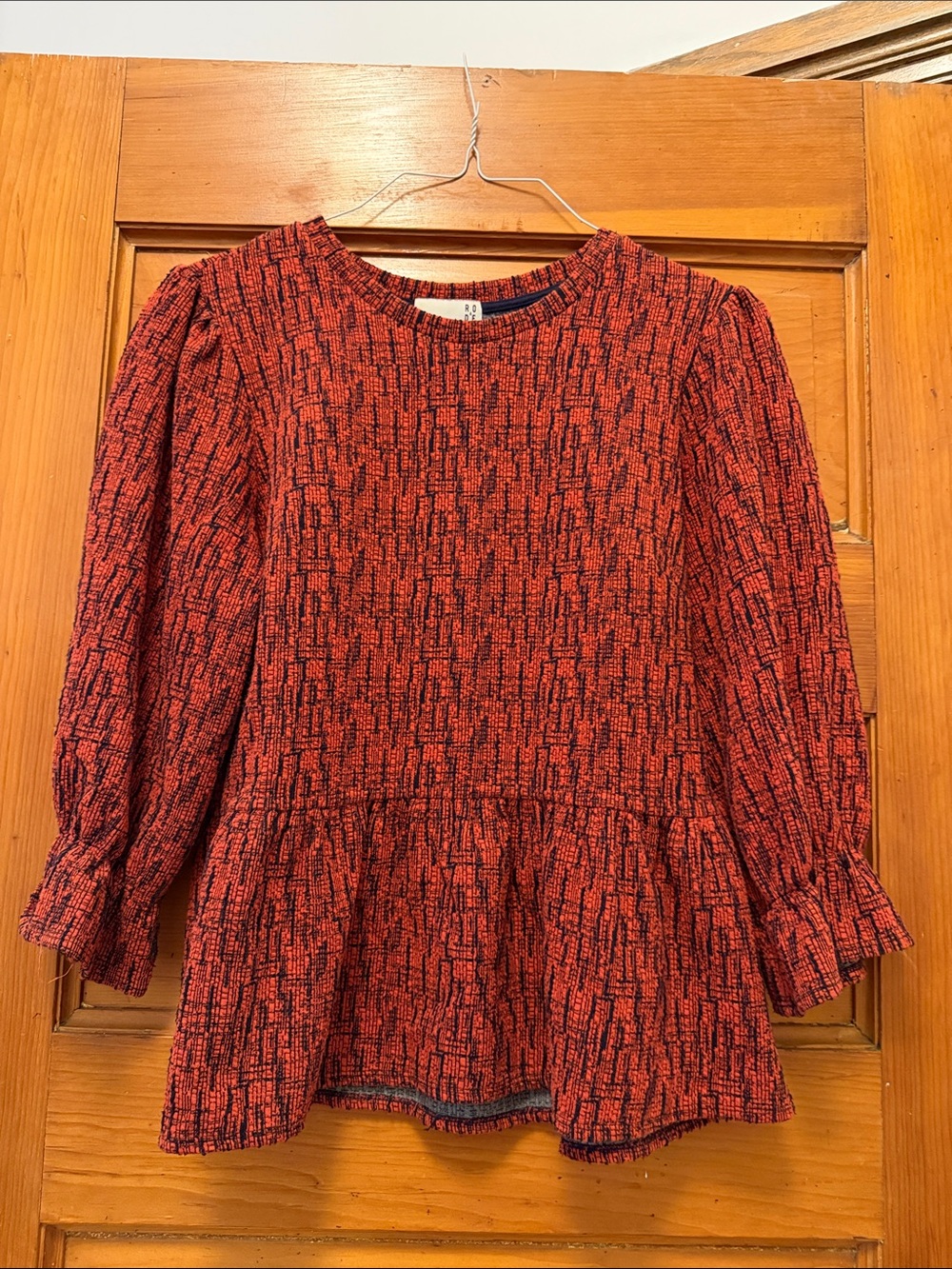 Women's Red Textured Peplum Blouse with Puff Sleeves